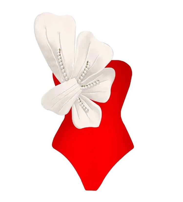 Orange Swimsuit Set Pearl Flower Detail