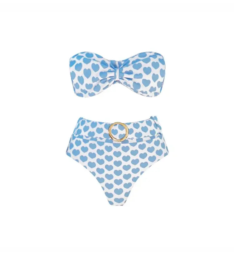 Heart Print Fresh Shorts Bikini Set