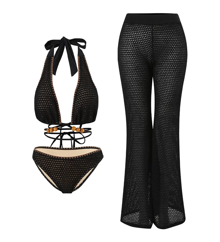 Beaded Knit Tie-String Black Bikini Set