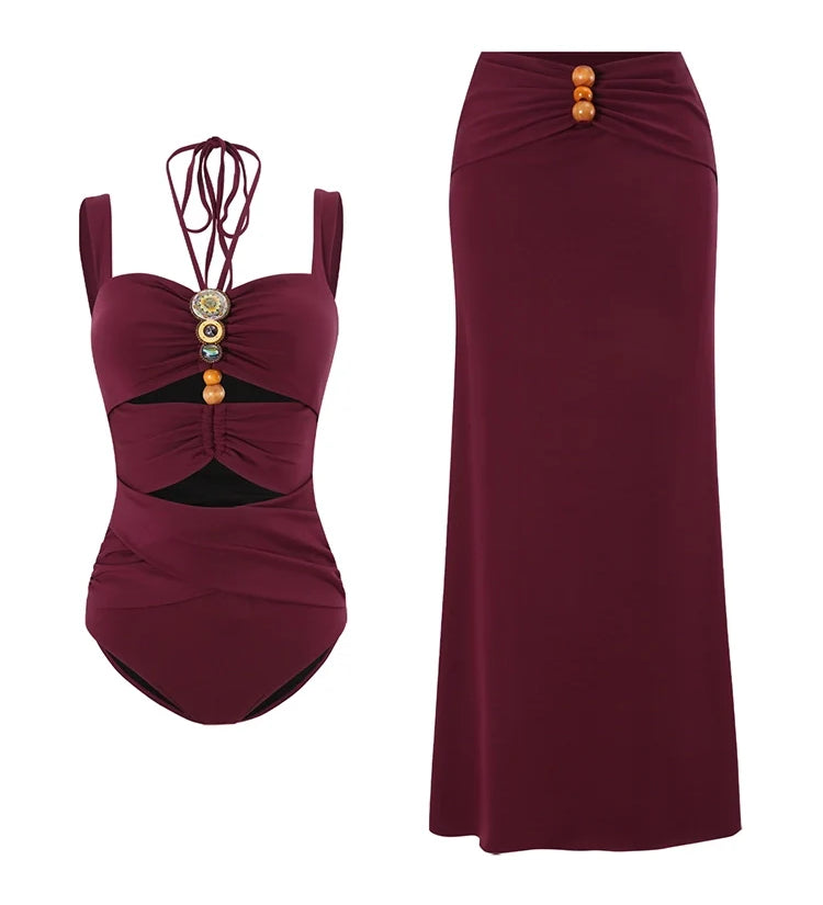 Burgundy Boho Beaded Cutout Swimsuit Set