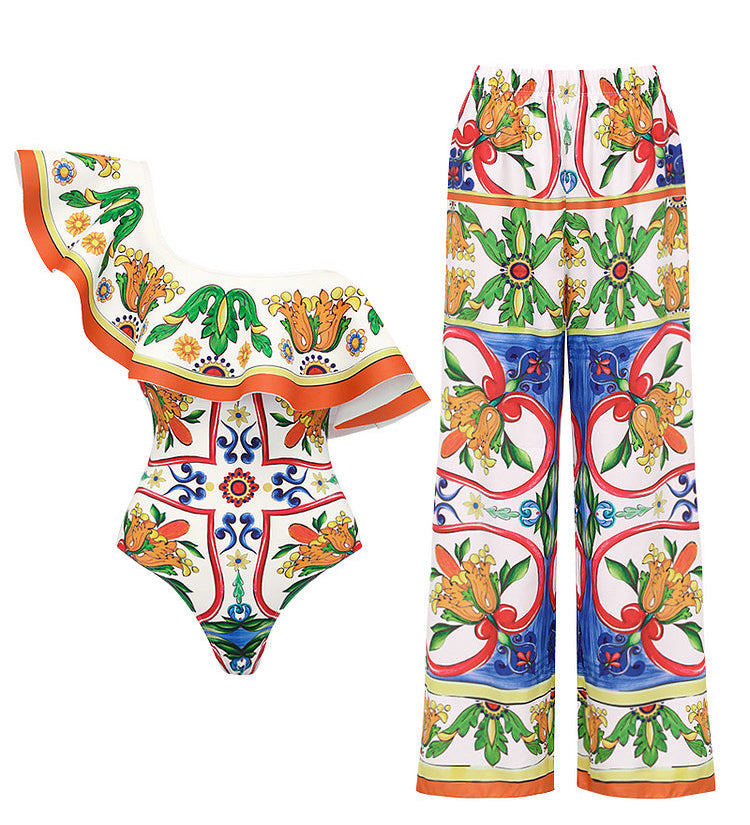 Ruffle Enamel Floral Bikini Swimsuit Set