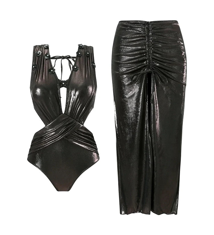 Black Sequin Appliqué Cutout Glossy Swimsuit