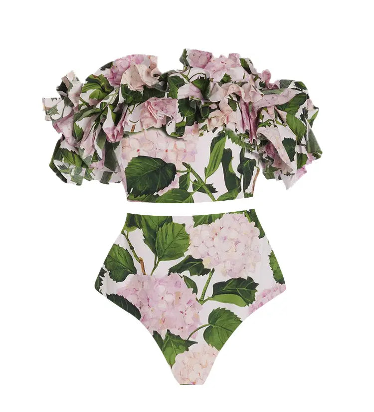 Ruffled Hydrangea Strapless Bikini Set