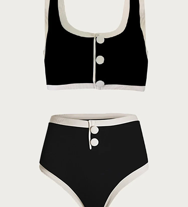 Elegant Contrast Button Detail Two-Piece Swimsuit