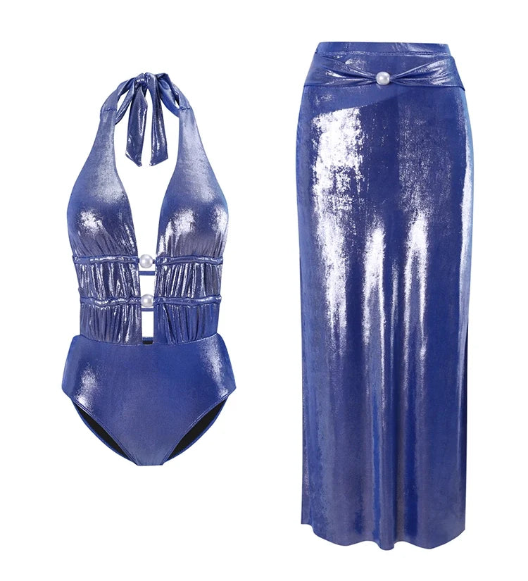 Glossy Mist Deep V Halter Pearl Swimsuit