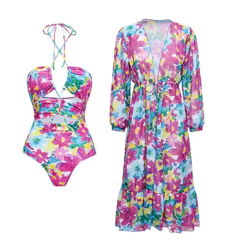 Cutout One Piece Swimsuit Set with Cover Up