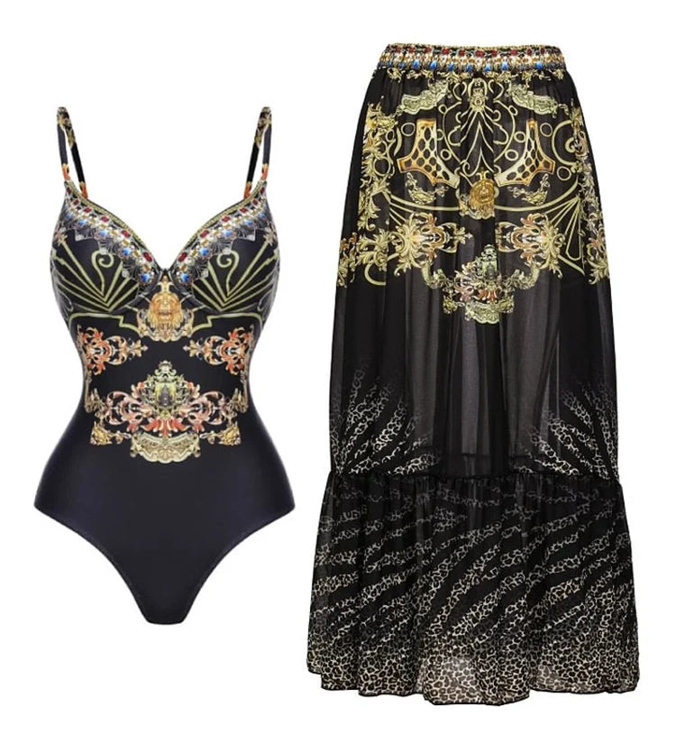 Black Gold Print Strappy One Piece Swimsuit