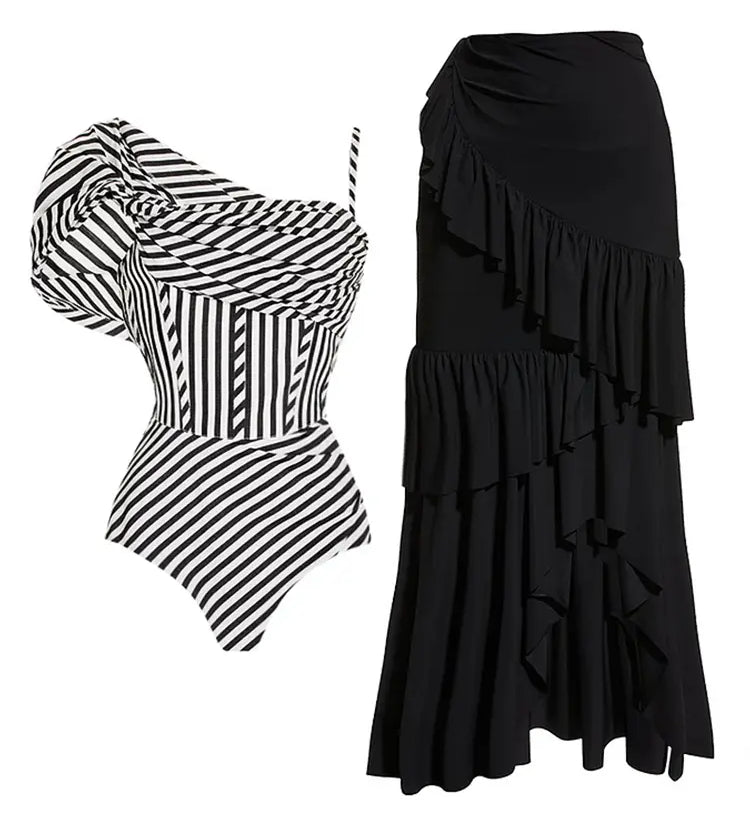 Off Shoulder Striped Print Swimsuit Set