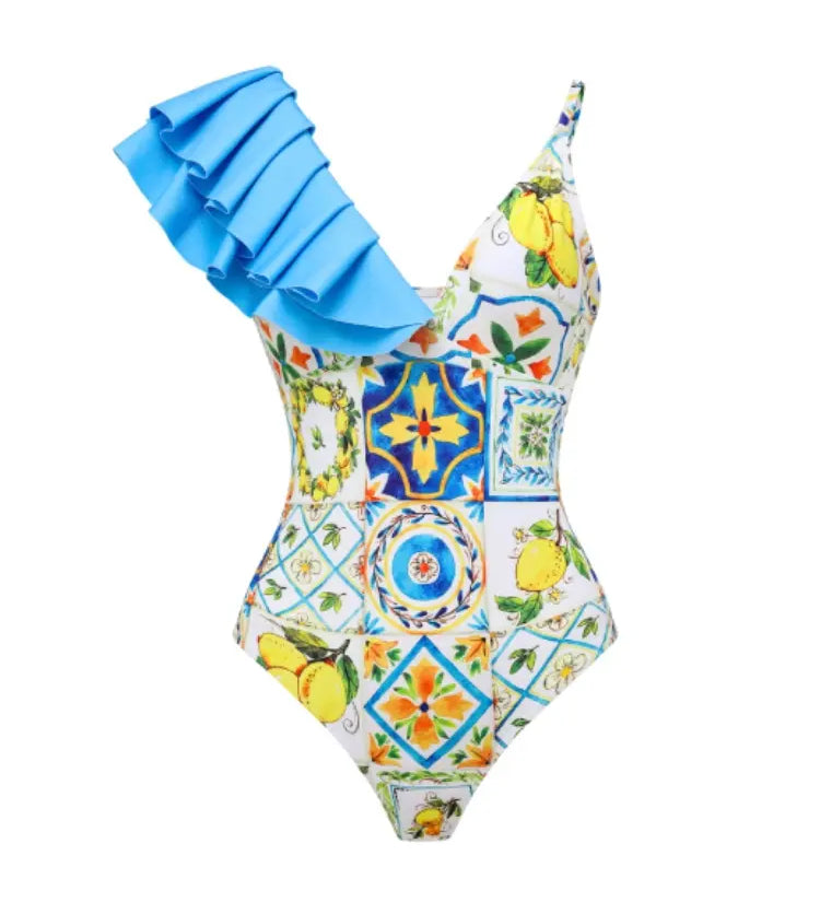 Lemon Print Backless One Piece Swimsuit Set