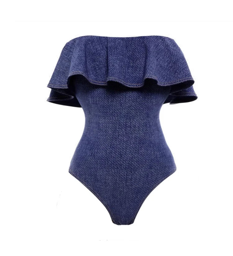 Denim Bandeau One Piece Swimsuit Set