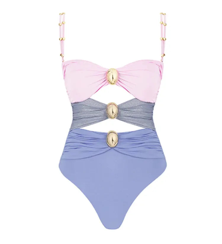 Morandi Pink Colorblock High-Waist Swimsuit Set