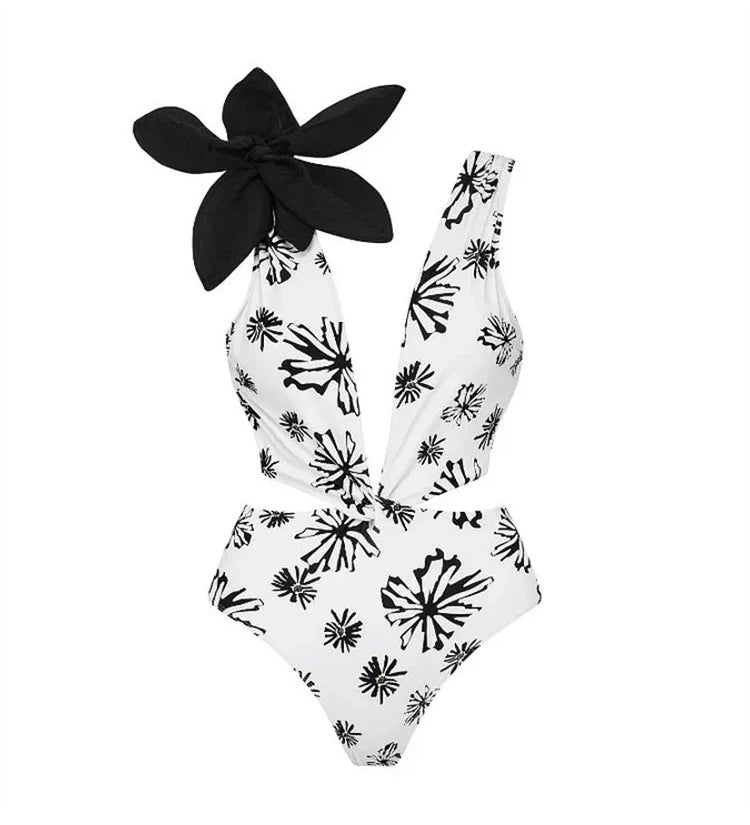 Floral Appliqué Printed White One-Piece Swimsuit