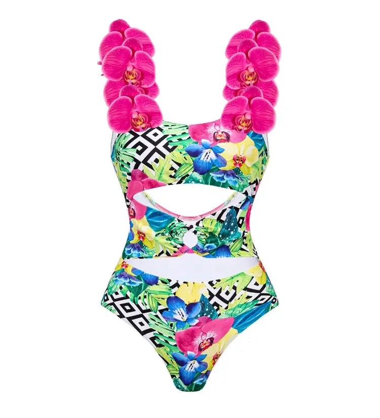 Orchid Strap Print Spaghetti Swimsuit Set