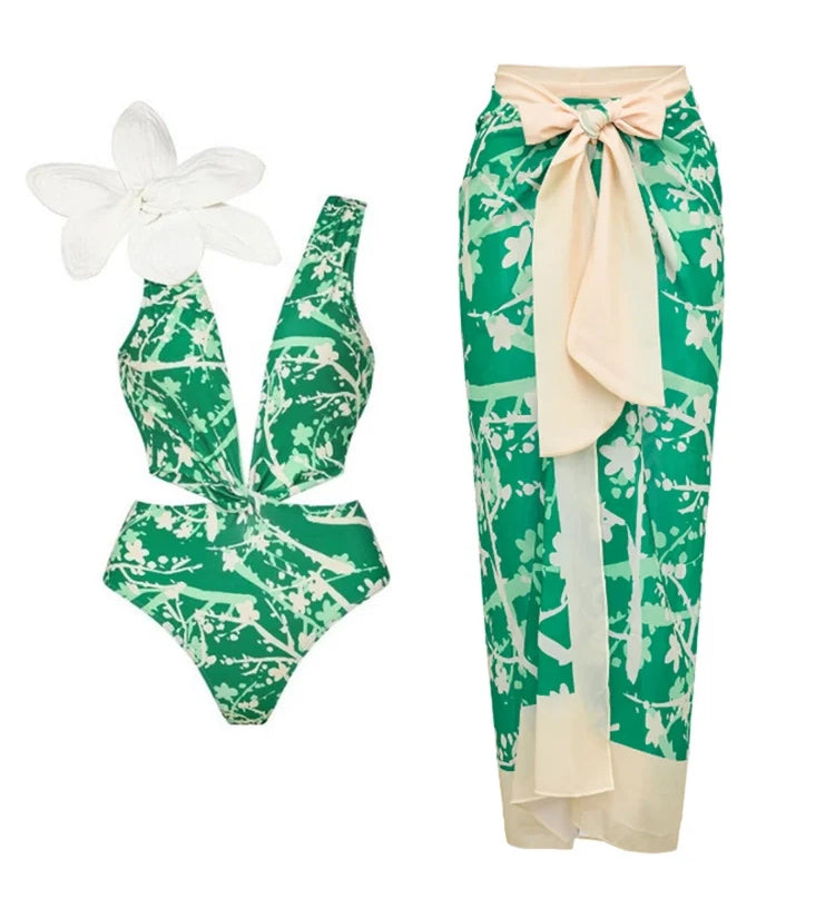Floral Appliqué Green Printed One-Piece Swimsuit