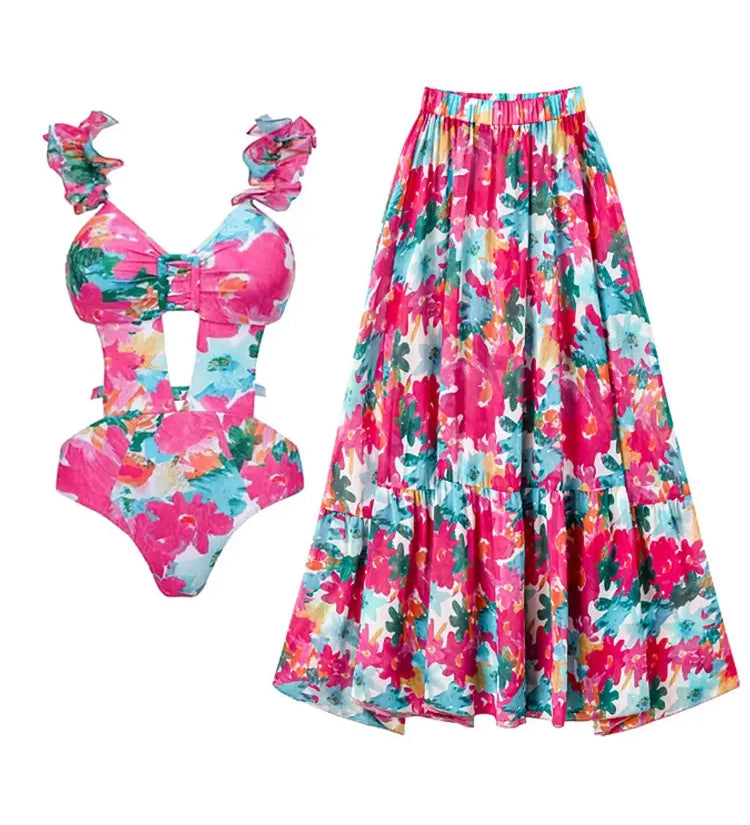 Print Cutout One Piece Swimsuit Set