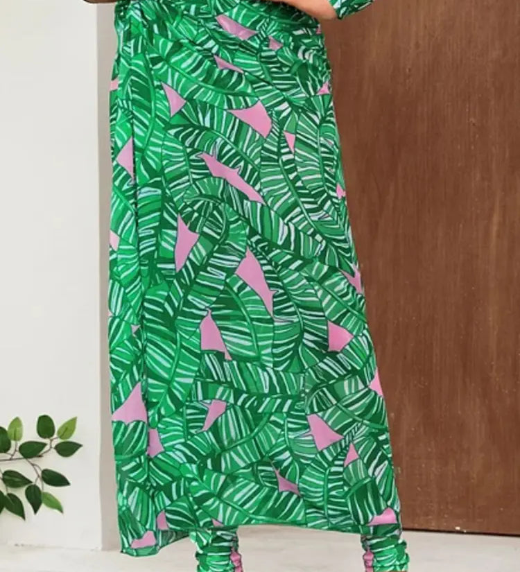 Green Zip Long Sleeve Printed Surf Swimsuit Set