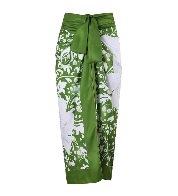 Green Swimsuit Set Pearl Floral Embellishments
