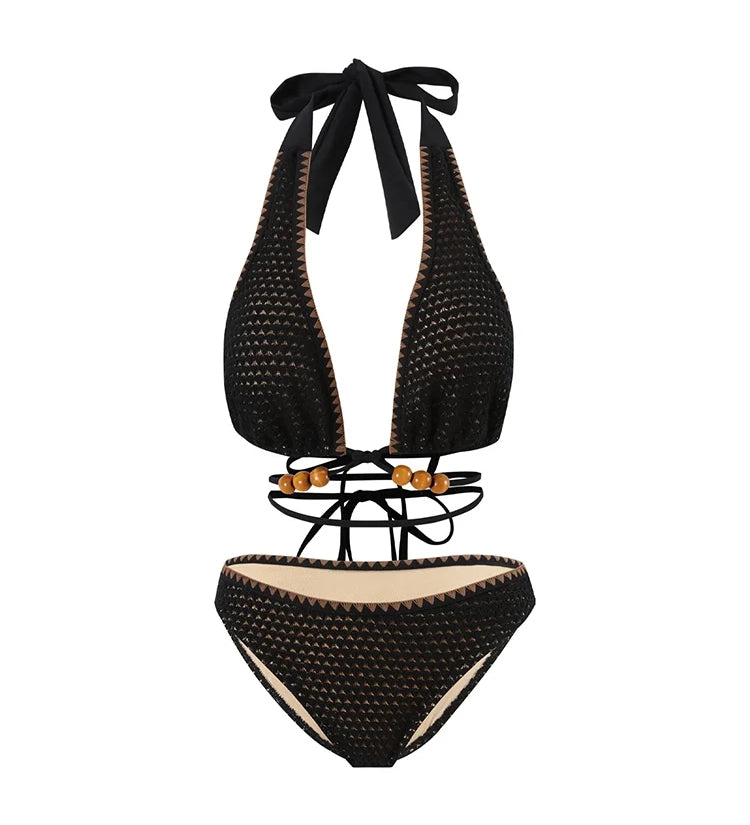 Beaded Knit Tie-String Black Bikini Set