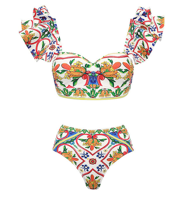 Ruffle Enamel Floral Bikini Swimsuit Set