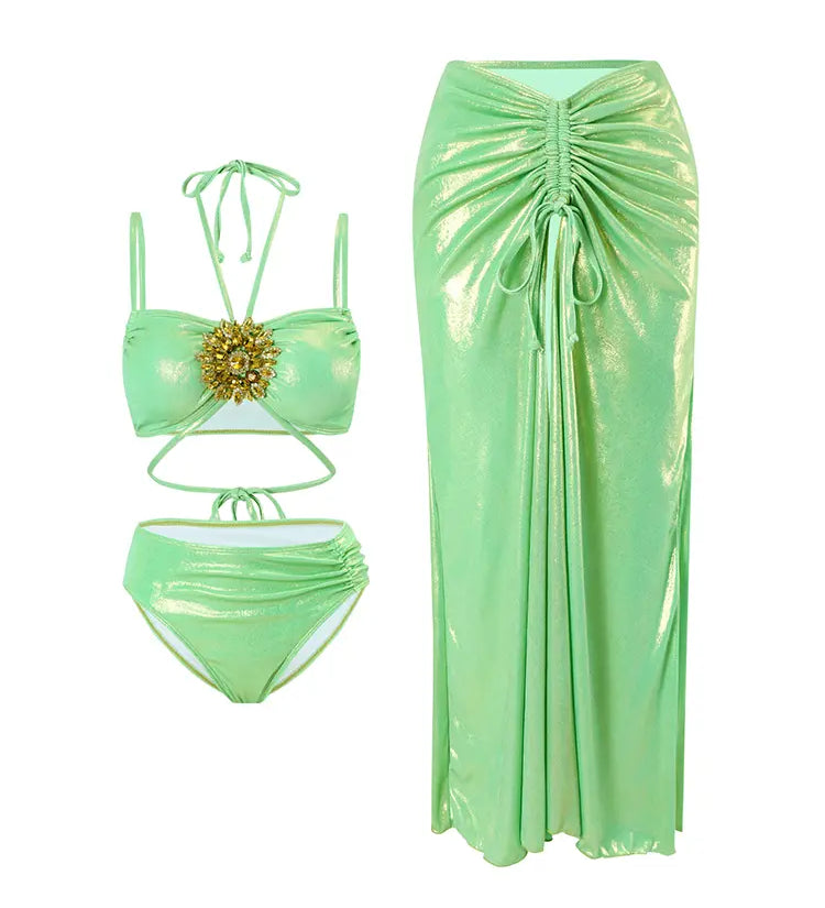 Mint Green Rhinestone Halter Bikini Set