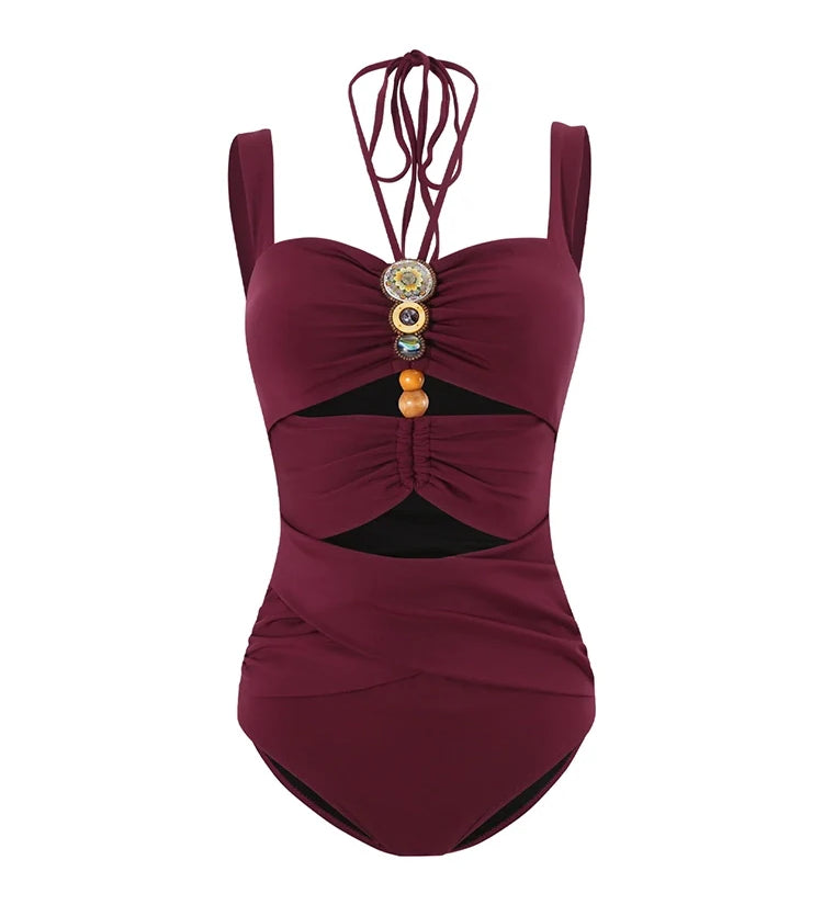 Burgundy Boho Beaded Cutout Swimsuit Set