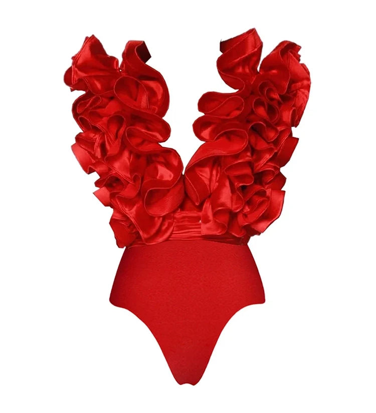Lace Trim V-Neck Red Swimsuit Set