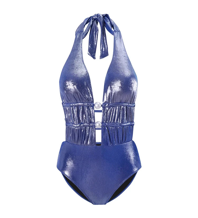 Glossy Mist Deep V Halter Pearl Swimsuit