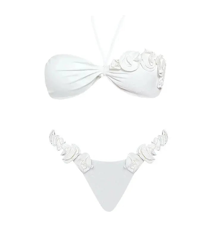 Halter Solid Color Floral Embellished Swimsuit