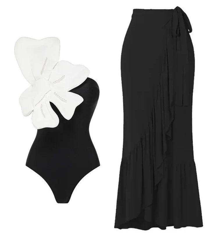 Pearl Flower Embellished Swimsuit Set