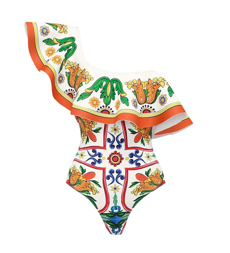 One Shoulder Enamel Print Swimsuit Set