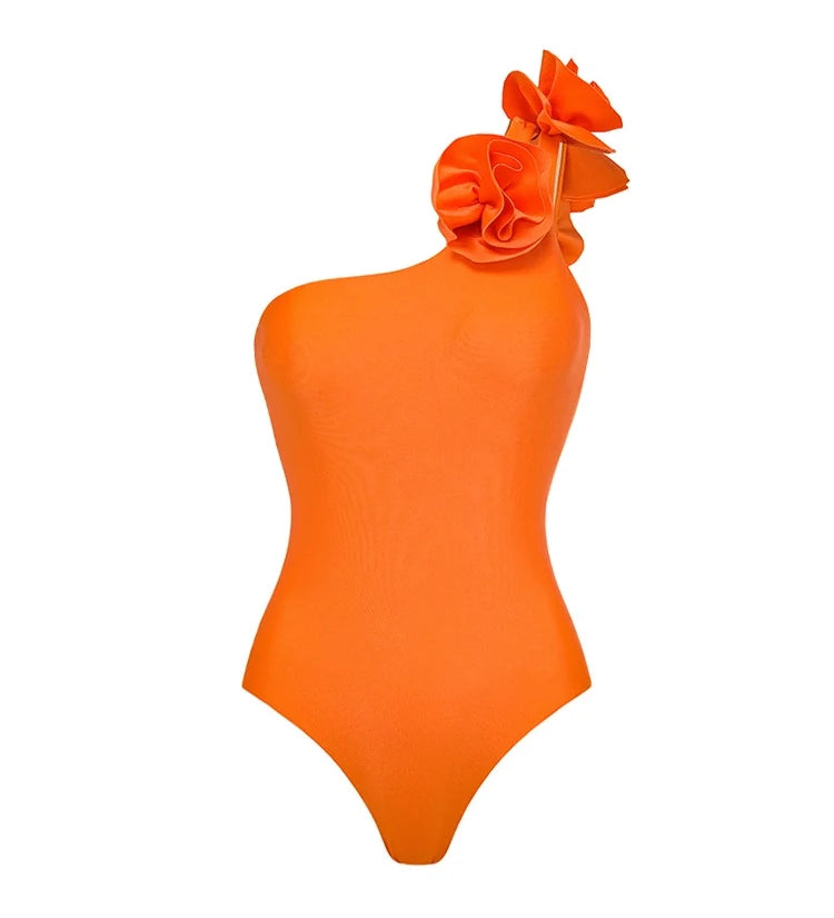 3D Floral Glossy Solid Swimsuit Set