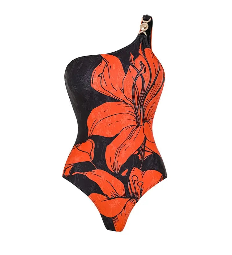 One Shoulder Printed One Piece Swimsuit Set