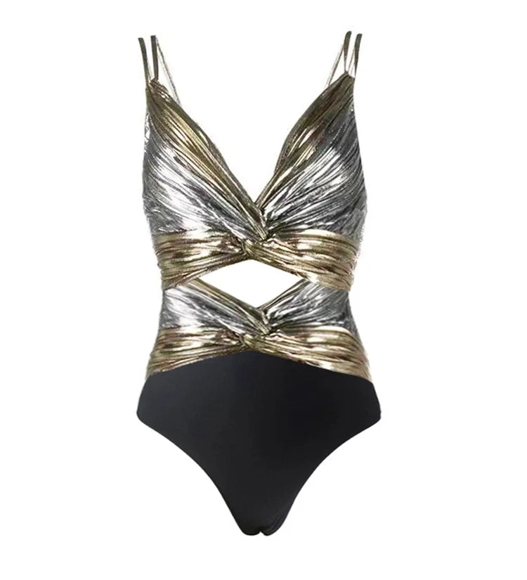 Cutout Silver Patchwork One-Piece with Skirt
