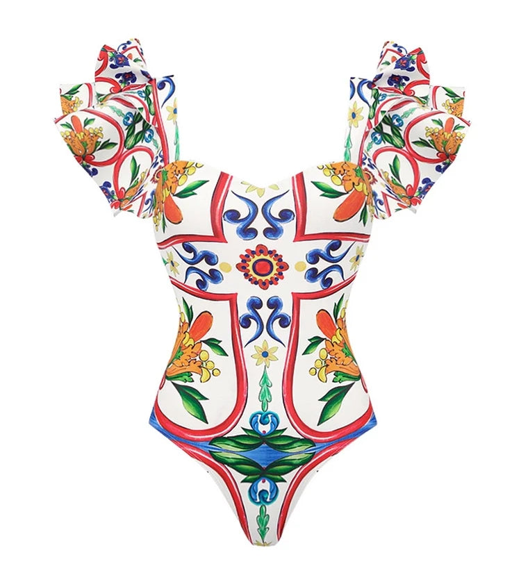 Ruffle Enamel Floral Print Swimsuit Set