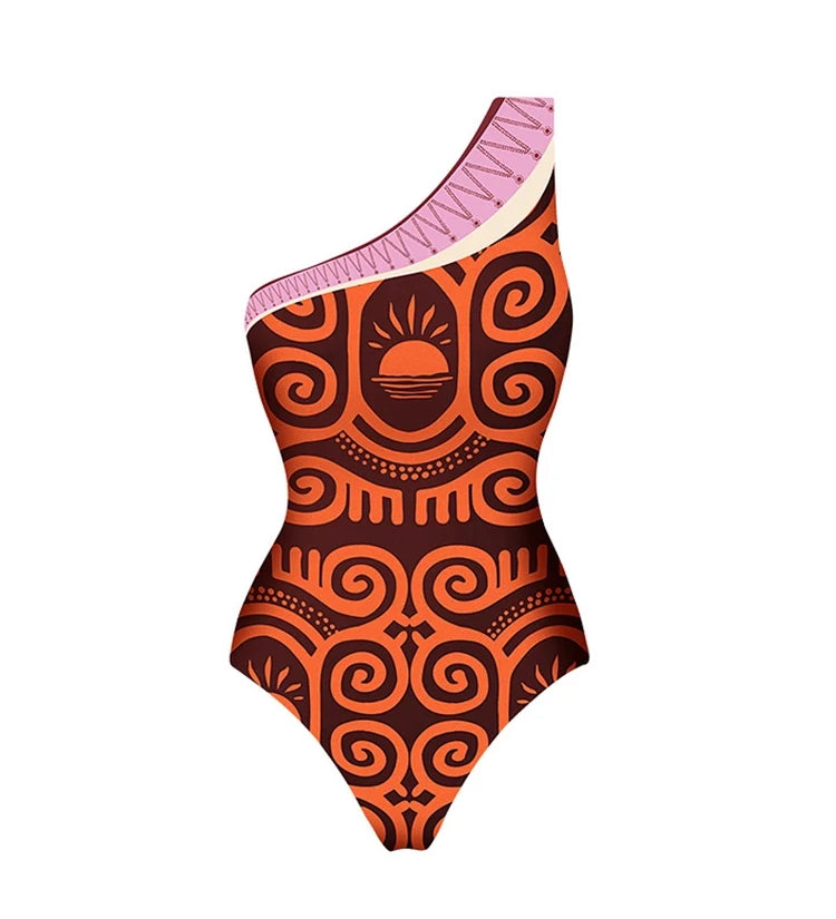 One Shoulder Ethnic Print Swimsuit