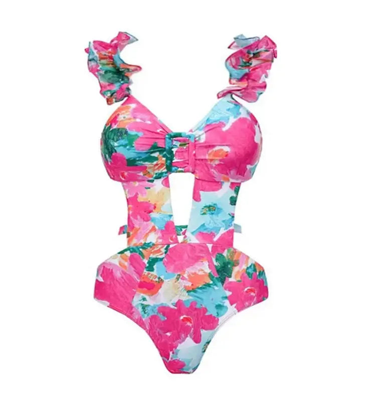 Print Cutout One Piece Swimsuit Set