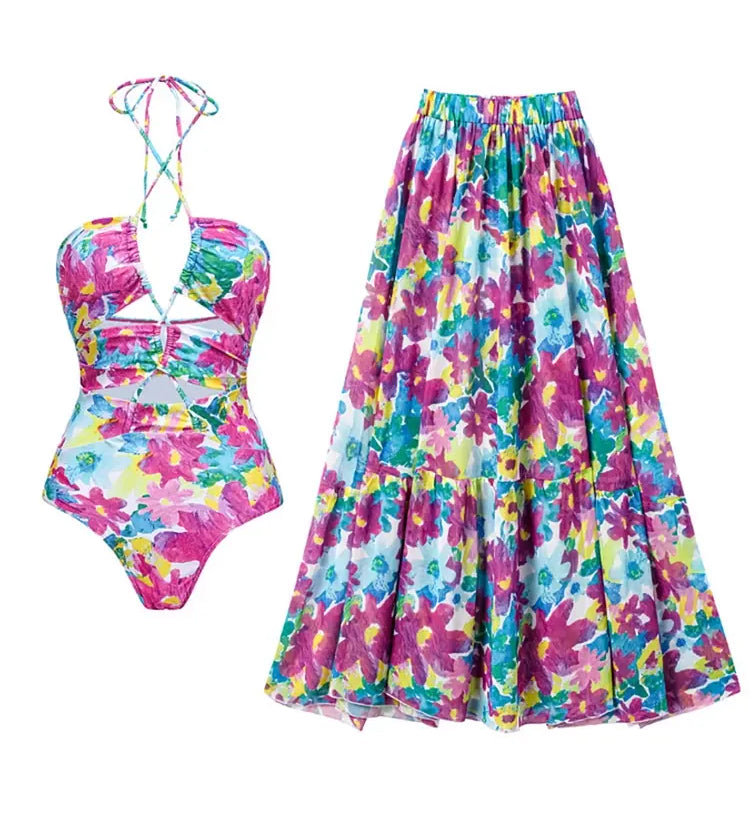 One Piece Print Cutout Swimsuit Set