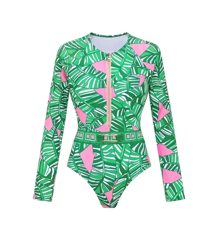 Green Zip Long Sleeve Printed Surf Swimsuit Set