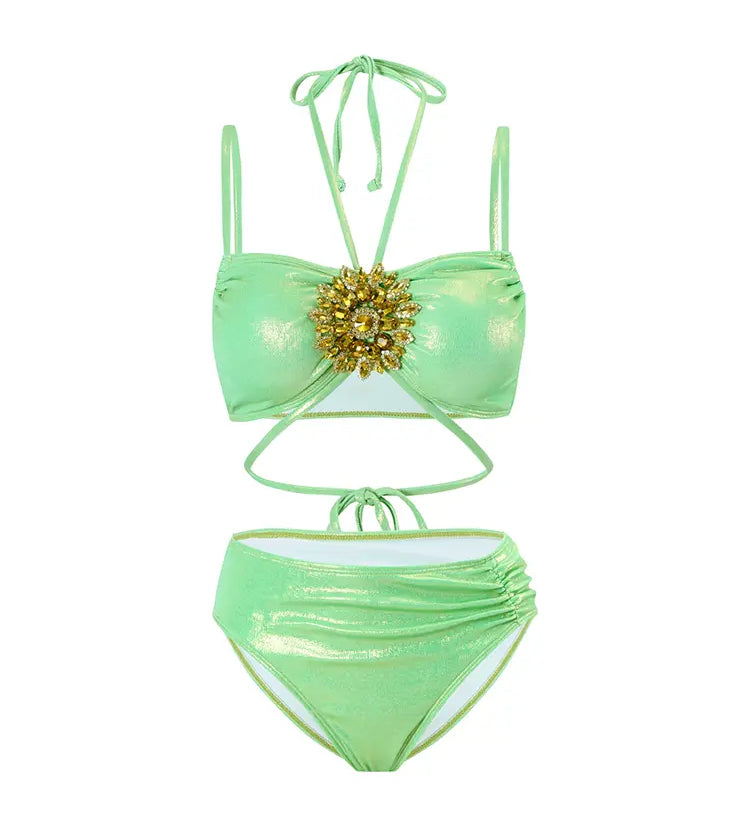 Mint Green Rhinestone Halter Bikini Set