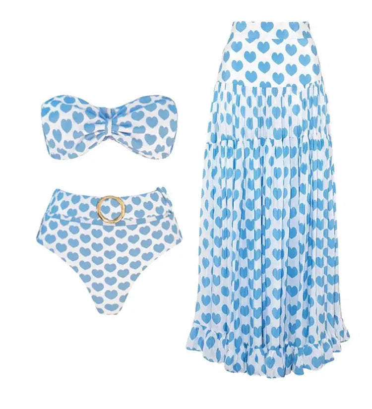 Heart Print Skirted Bikini Vacation Set