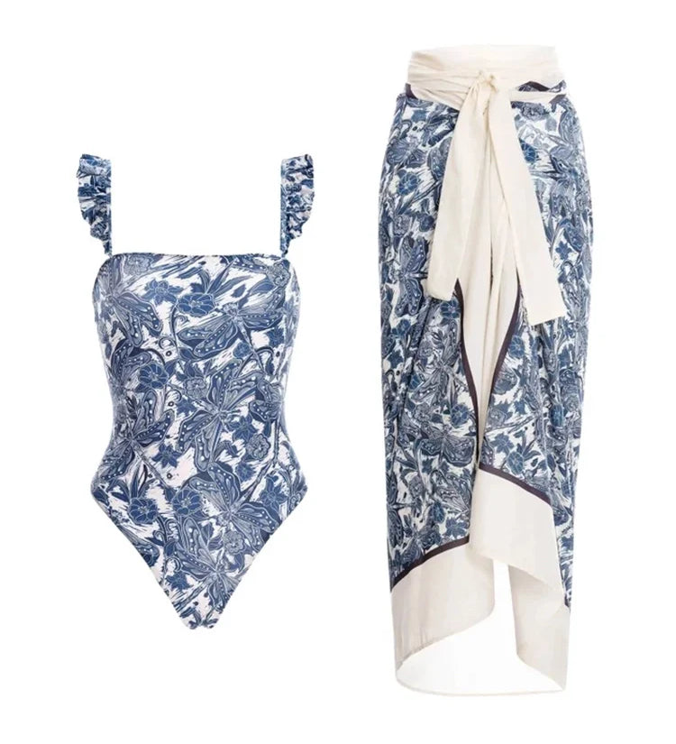 Blue Dragonfly Ruffle One-Piece Swimsuit