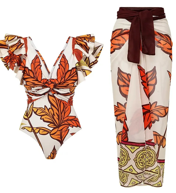 Maple Print Swimsuit Set Trio