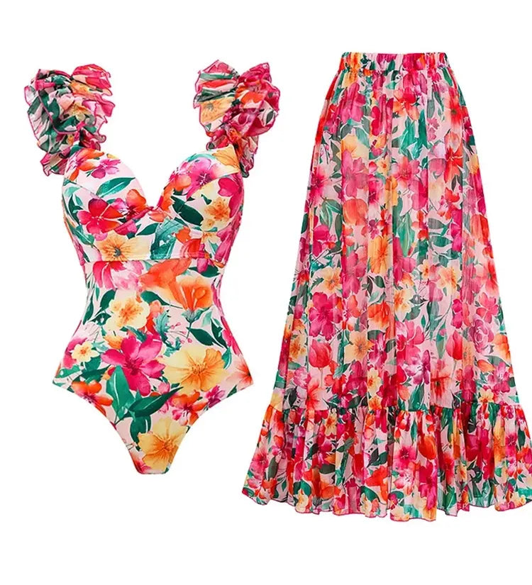 Floral Backless Swimsuit Beach Vacation Set