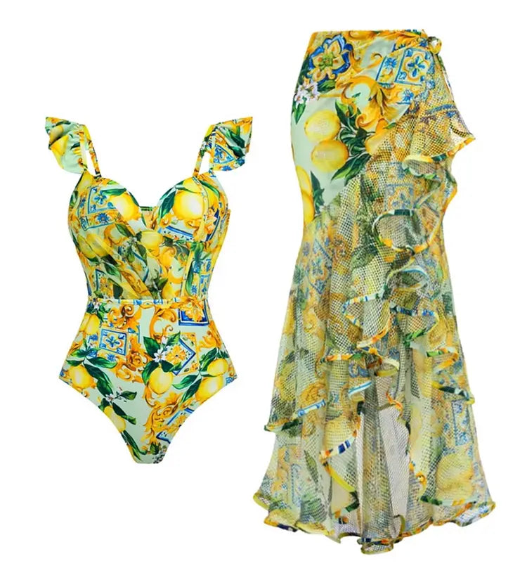 Mesh Lemon Print Swimsuit Set