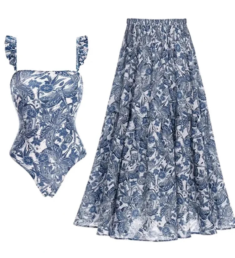 Blue Dragonfly Ruffle Skirt Swimsuit Set