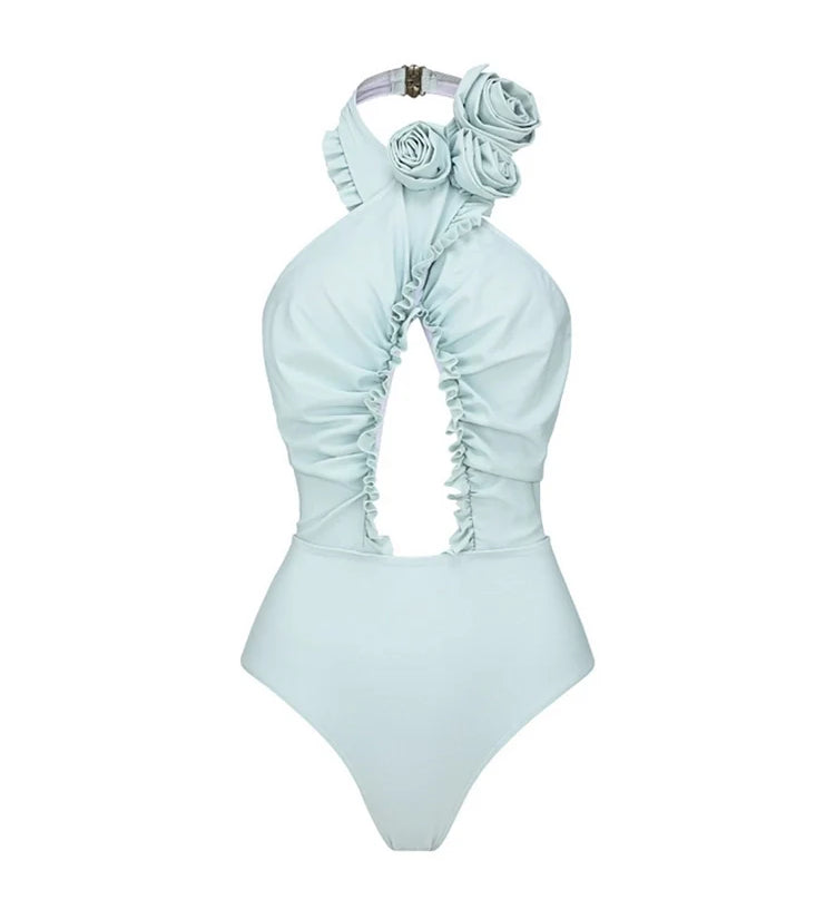 Halter Backless Swimsuit with 3D Floral Set