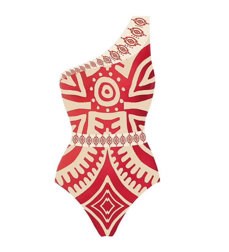 One Shoulder Ethnic Print One Piece Swimsuit