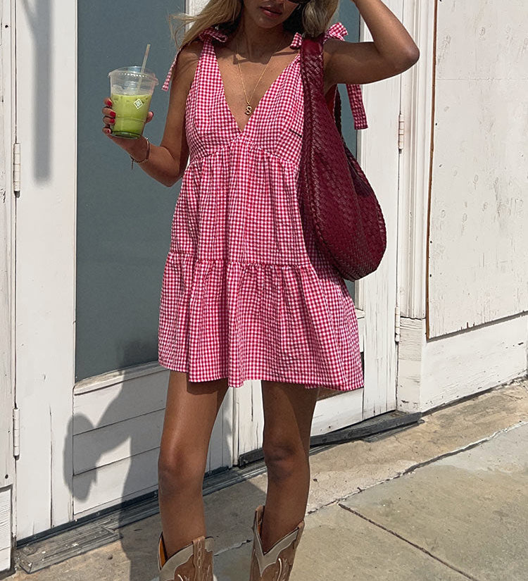 Vestido Mini em Gingham Vermelho com Alças