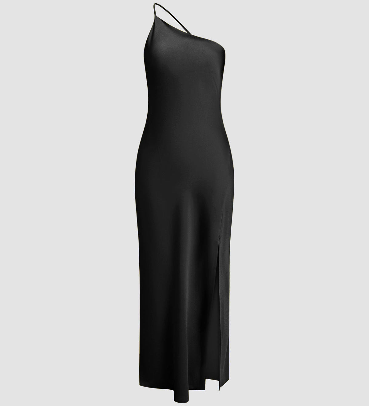 Maxi Vestido de Cetim com Um Ombro e Fenda Lateral