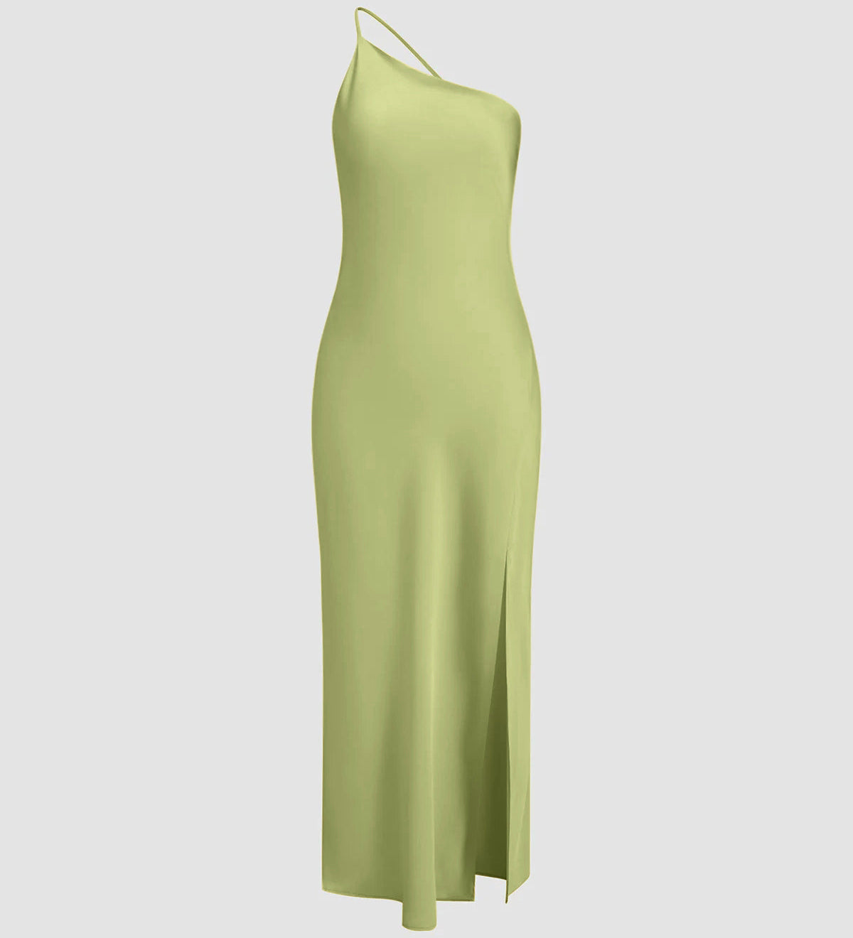 Maxi Vestido de Cetim com Um Ombro e Fenda Lateral